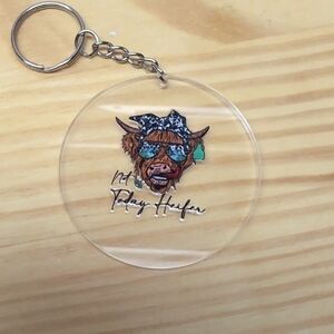 Hand Crafted Highland Cow Keychain with Blue and Brown Accents